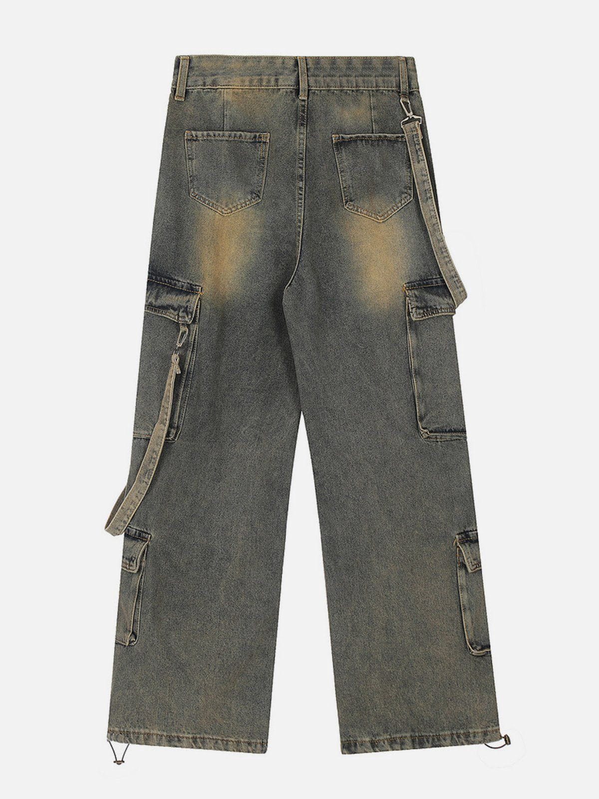 Multi Pocket Washed Loose Jeans