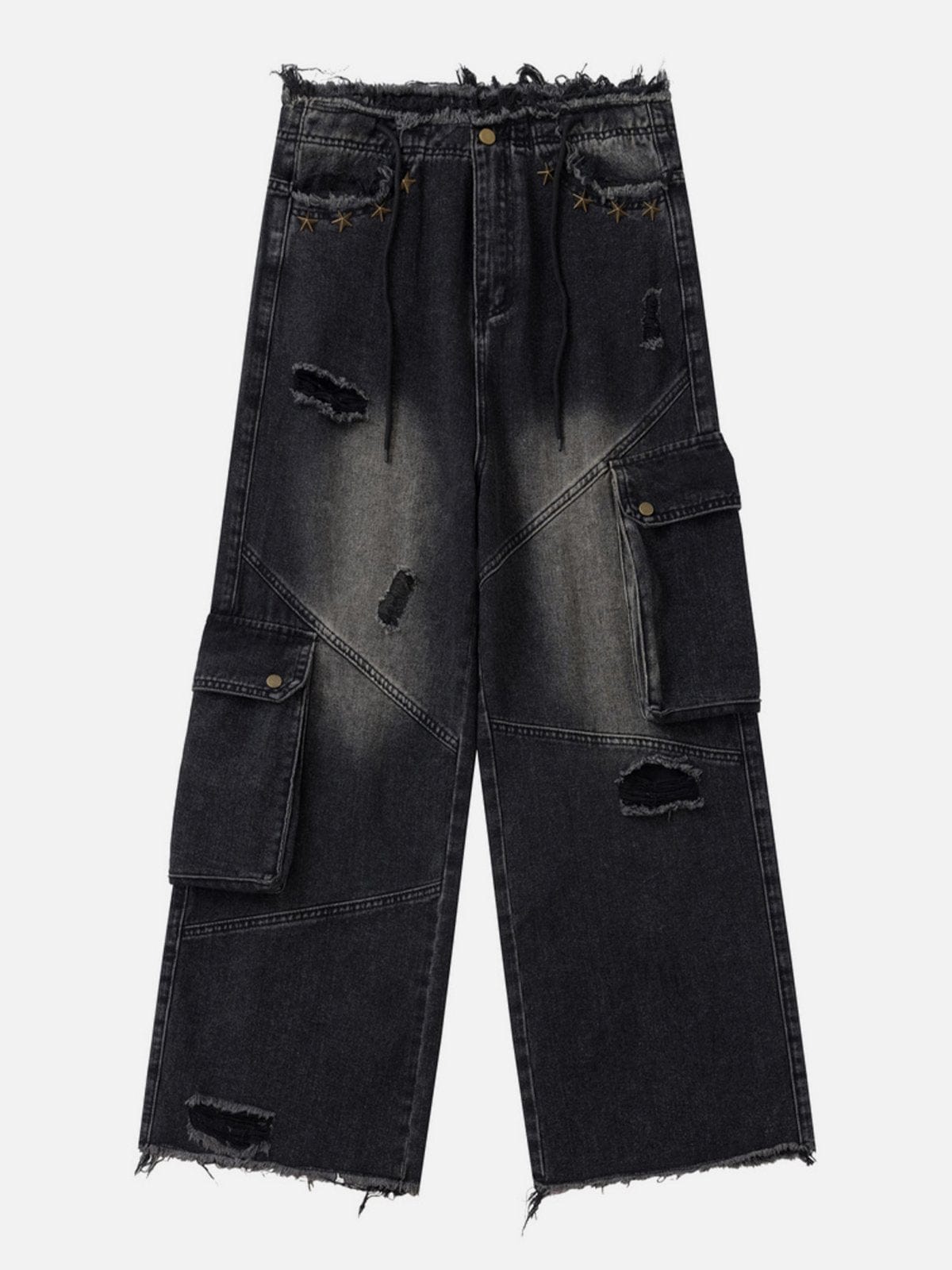 Distressed Fringe Washed Straight-Leg Jeans