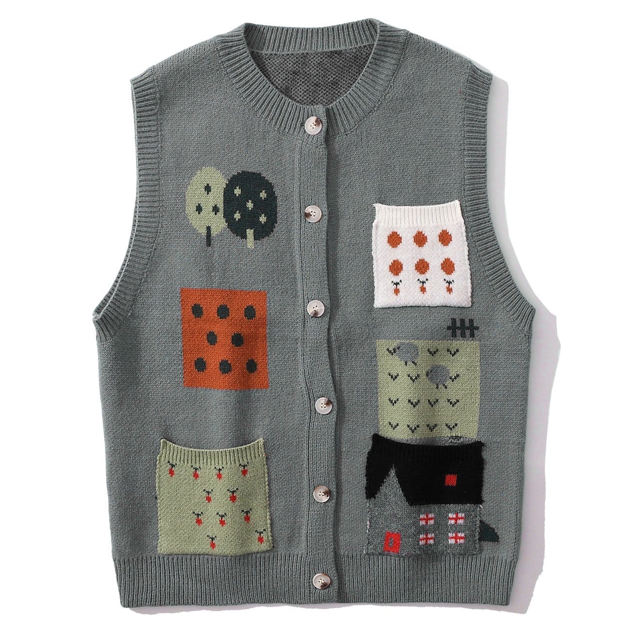 Patchwork Pocket House Embroidery Cardigan Knit Vest