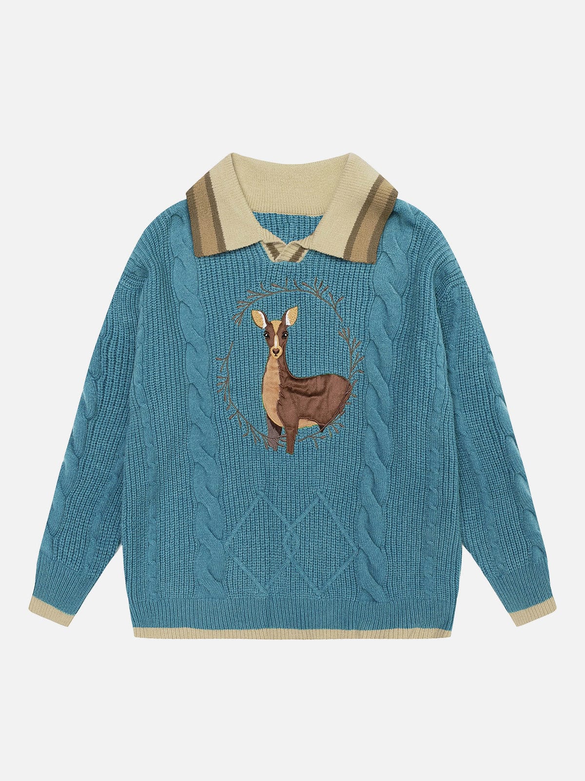Elk Graphic Cable Knit Polo Sweater