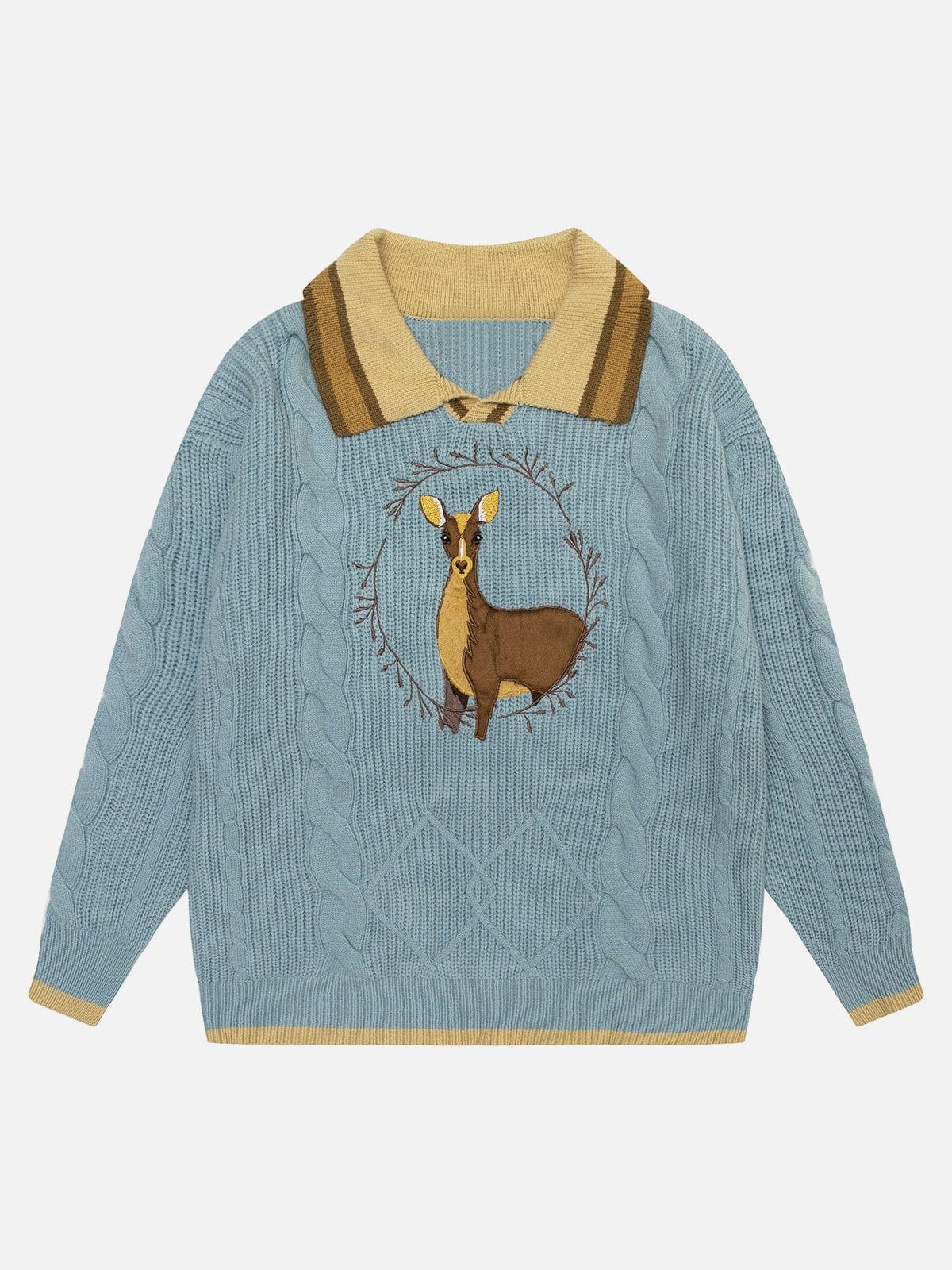 Elk Graphic Cable Knit Polo Sweater