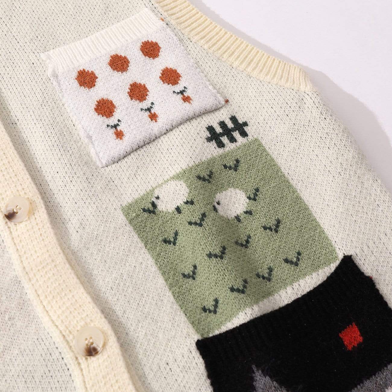 Patchwork Pocket House Embroidery Cardigan Knit Vest